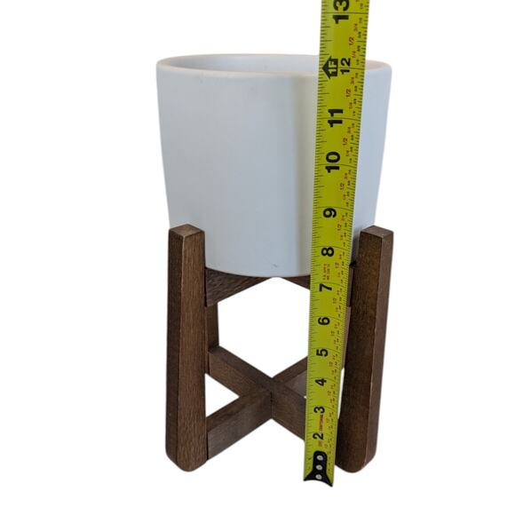 Free Standing Mid Century Style Wooden Plant Stand White Ceramic Round Pot - Picture 10 of 11
